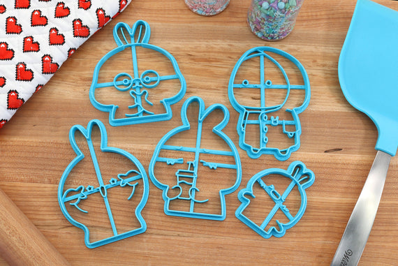Bunny Moods Cookie Cutters - Thinking Bunny, Rain Coat Bunny, Peace Sign Bunny, Boba Bunny, Baby Bunny - Cute Bunny Gift