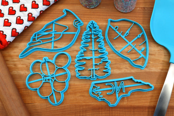 North Carolina Cookie Cutters - North Carolina State, Scuppernong Grapes, Pine Tree, Sweet Potato, Cardinal - NC Gift Idea