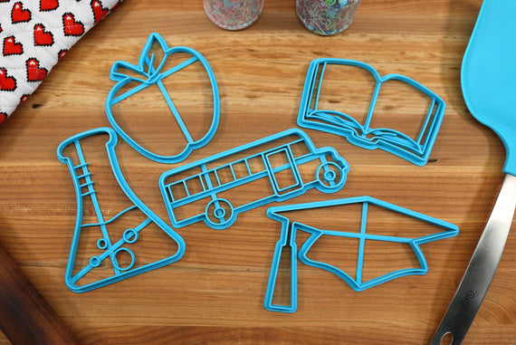 School Cookie Cutters - Chemistry Beaker, Apple, Graduation Cap, book, School Bus - Graduation Cookie Cutters