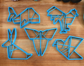 Origami Cookie Cutters Animals Set 3 - Origami Butterfly, Origami Pigeon, Origami Rabbit, Origami Rooster, Origami Whale - Origami Gift idea