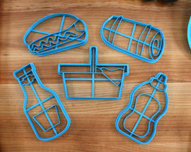 Picnic Food Cookie Cutters - Frankfurter, Ketchup Bottle, Mustard Bottle, Picnic Basket, Picnic Blanket
