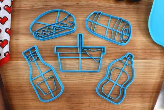 Picnic Food Cookie Cutters - Frankfurter, Ketchup Bottle, Mustard Bottle, Picnic Basket, Picnic Blanket