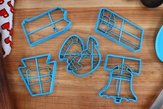 Pennsylvania Cookie Cutters - Pennsylvania Outline, Chocolate Bar, Liberty Bell, Ruffed Grouse - Pennsylvania State Fan