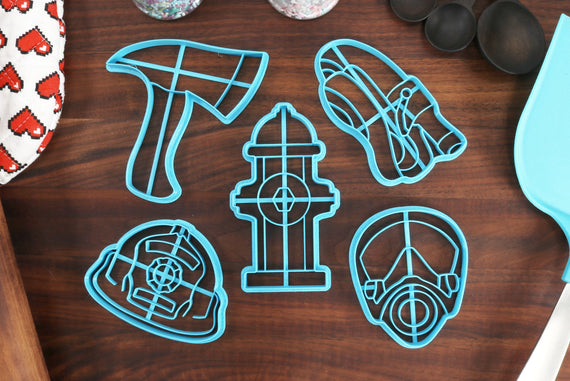 Firefighter Cookie Cutters - Fire Hydrant, Firemans Helmet, Hire Hose, Gas Mask, Fire Fighter Hatchet - EMT Gift