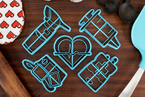 Nurse Cookie Cutters - Defribillator, IV Bag, Syringe, Otoscope, Heart EKG - Nursing Gift
