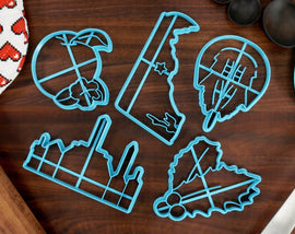 Delaware Cookie Cutters - American Holly, Delaware Outline, Dover Skyline, Peach Blossom, Horseshoe Crab - Delaware State Fan
