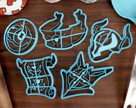 Genshin Impact Items Cookie Cutters Set 1 - Curse Scroll, Ominous Mask, Raven Insignia, Red Brocade, Seargents Insignia