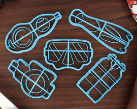 Scuba Diving Cookie Cutters, Set 1 - Depth Gauge, Scuba Fins, Scuba Goggles, Scuba Respirator, Scuba Tank - Water Sports
