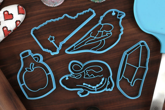 New Hampshire Cookie Cutters - Apple Cider, New Hampshire Outline, Purple Finch, Red-Spotted Newt, Smokey Quartz - NH Gift Idea