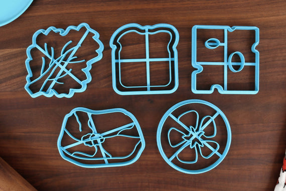 Stackable Sandwich Cookie Cutters - Bread Slice, Lettuce Leaf, Lunchmeat, Swiss Cheese Slice, Tomato Slice - Stacking Sandwich Gift