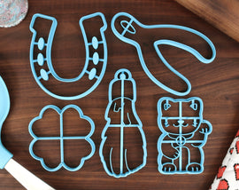 Good Luck Charms - Baking Cookie Cutters - Four Leaf Clover, Lucky Cat, Lucky Horseshoe, Rabbit's Foot, Wishbone Cutter - Superstitious Cook