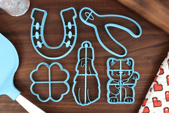 Good Luck Charms - Baking Cookie Cutters - Four Leaf Clover, Lucky Cat, Lucky Horseshoe, Rabbit's Foot, Wishbone Cutter - Superstitious Cook
