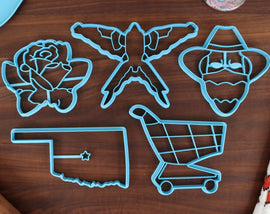 Oklahoma Cookie Cutters - Oklahoma State Outline, Cowboy with Bandana, Rose Cutter, Scissor-Tailed Flycatcher, Shopping Cart - OK Gift Idea