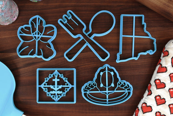 Rhode Island Cookie Cutters - Fancy Ring, Rhode Island State Flag, Rhode Island Outline, Silverware, Violet Flower- RI Gift Idea