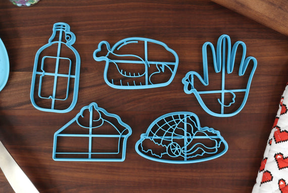 Thanksgiving Day Cookie Cutters - Cider Jug, Hand Turkey, Pumpkin Pie, Smoked Ham, Thanksgiving Turkey - Holiday Cookies & Merch