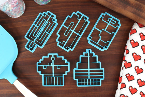 Pixel Foods Set 2 Cookie Cutters - Pixel Cupcake, Pixel Donut, Pixel Muffin, Pixel Popsicle, Pixel Soda - Pixelated Food Merch - Pixel Snack