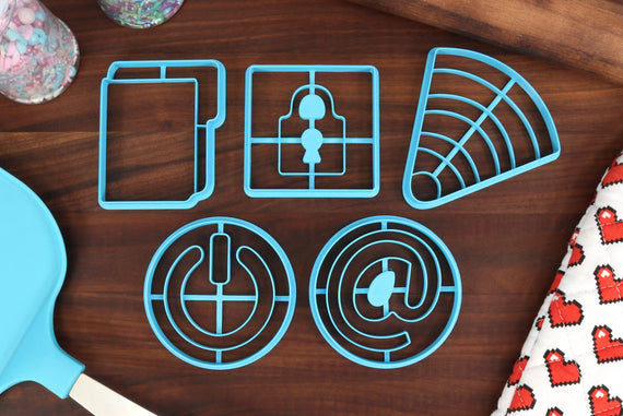 Technology Symbols Cookie Cutters, Set 1 - At Sign, Eyeless Jack, File Folders, Locked Symbol, Power Button, Wifi Symbol - Internet Icons