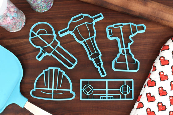 Construction Tools Cookie Cutters, Set 1 - Circular Saw, Electric Drill, Hardhat, Jackhammer, Leveler - Constructing Necessities for Baking