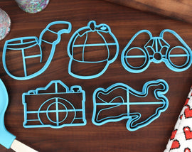 Crime Scene Cookie Cutters - Binoculars, Chalk Body Outline, Deerstalker Hat, Detective Pipe, Vintage Camera - Detective Gifts and Merch