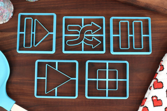 Technology Symbols Cookie Cutters, Set 2 - Eject Button, Pause Button, Play Button, Shuffle Button, Stop Button - More Internet Icons