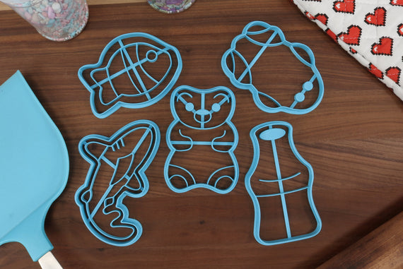 Gummy Candy Cookie Cutters - Cola Bottle, Gummy Bear, Gummy Fish, Gummy Frog, Gummy Shark - Candies Chewy Sweet Soft Food - Baker's Tools