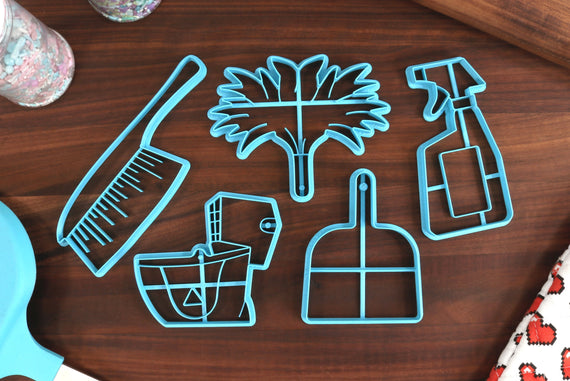 Cleaning Supplies Cookie Cutters - Dust Pan, Feather Duster, Hand Broom, Mop Bucket, Spray Bottle - Housekeeping Cookies - Clean Essentials