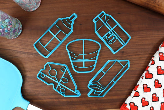 Dairy Products Cookie Cutters - Cheese Wedge, Milk Carton, Stick of Butter, Whipped Cream, Yogurt Cup - Dairy Cutter
