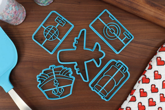 Traveler's Tourism Cookie Cutters - Cruise Ship, Passport, Shrine Maiden, Plane Outline, Travel Camera, Travel Suitcase - World Exploration
