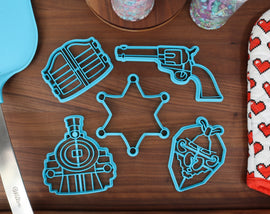 Wild West Sheriff Cookie Cutters - Bandana Scarf, Colt Revolver, Saloon Doors, Sheriff Badge, Steam Train - World Culture & History Cookies