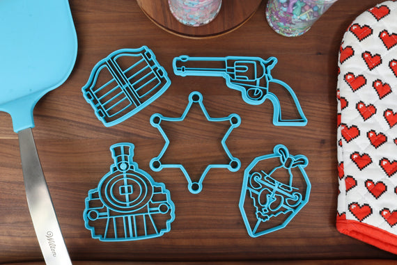 Wild West Sheriff Cookie Cutters - Bandana Scarf, Colt Revolver, Saloon Doors, Sheriff Badge, Steam Train - World Culture & History Cookies