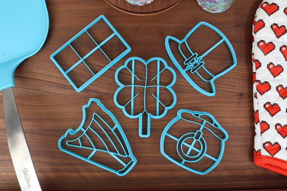 St. Patrick's Day Cookie Cutters - Harp Instrument, Irish Flag, Leprechaun Hat, Lucky Clover, Pot of Gold - Holiday Cookies & Celebrations