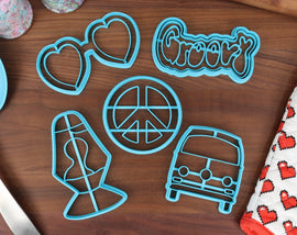 Sensational 60's Cookie Cutters - Groovy Word, Heart Sunglasses, Hippie Van, Lava Lamp, Peace Symbol - 60s Era Cookies Cutter