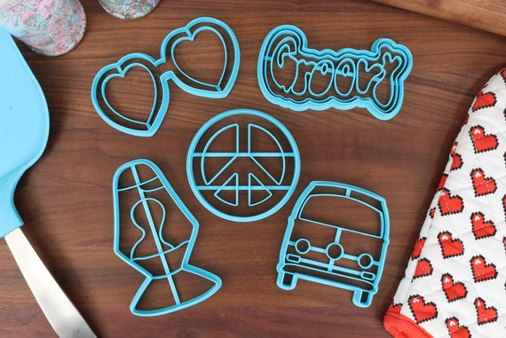 Sensational 60's Cookie Cutters - Groovy Word, Heart Sunglasses, Hippie Van, Lava Lamp, Peace Symbol - 60s Era Cookies Cutter