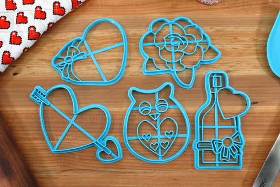 Valentines Day Cookie Cutters - Champagne Bottle, Arrow Through Heart, Heart Owl, Rose Valentine, Box of Chocolates - Holiday Cookie