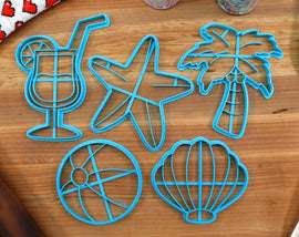 Beach Day Cookie Cutters - Beach Ball, Margarita, Palm Tree, Sea Shell, Star Fish - Beach Themed Cookie