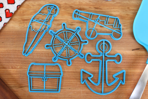 Pirate Cookie Cutters - Anchor, Cannon, Parrot, Ship Helm, Treasure Chest - Gift for Pirate Fan