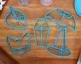 Spooky Cookie Cutters - Angry Bat, Coffin, Floppy Witch Hat, Human Skull, Spooky Cat - Kawaii Halloween