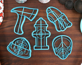 Firefighter Cookie Cutters - Fire Hydrant, Firemans Helmet, Hire Hose, Gas Mask, Fire Fighter Hatchet - EMT Gift