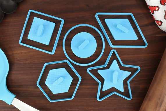 Stamp Thumbprint Cookie Cutters - Circle, Hexagon, Rhombus, Square, Star Shapes - Filling Cookies