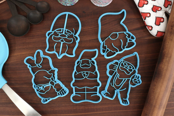 Gnarly Gnomes Cookie Cutters, Set 1 - Beach Gnome, Gnome Face, Handstand Gnome, Short Gnome, Standing Gnome - You've been Gnomed!