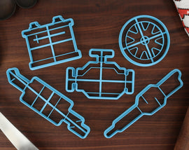 Mechanic Car Parts Cookie Cutters - Car Battery, Engine Block, Muffler Pipe, Spare Tire, Spark Plug - Automotive Cookie Cutters