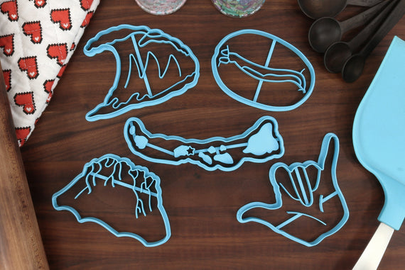 Hawaii Cookie Cutters - Hawaii State Outline, Coffee Bean, Kilauea Volcano, Shaka Sign, Surfing Wave- HI Gift Idea