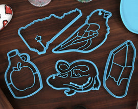 New Hampshire Cookie Cutters - Apple Cider, New Hampshire Outline, Purple Finch, Red-Spotted Newt, Smokey Quartz - NH Gift Idea