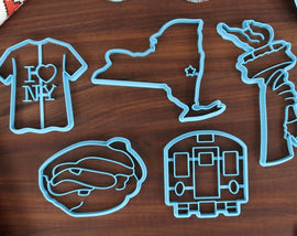 New York Cookie Cutters - New York State Outline, Eggs Benedict, I Love NY Shirt, Lady Liberty Torch, Subway Train - NY Gift Idea
