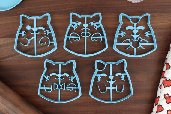 Round Cats Cookie Cutters - Angry Round Cat, Bowtie Round Cat, Hungry Round Cat, Joyful Round Cat, Winking Cat - Cute Kitties Baking