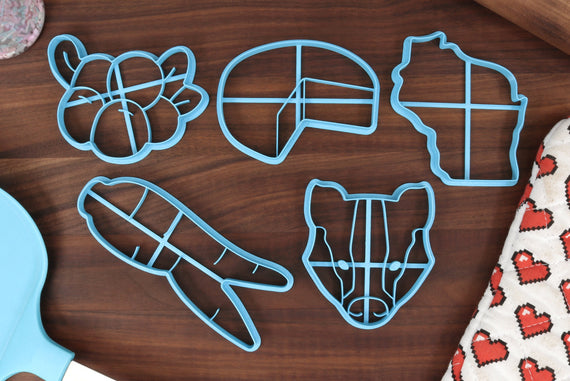Wisconsin State Cookie Cutters - Wisconsin Outline, Cheese Wheel, Badger Face, Cranberries, Natural Ginseng- WI Gift Idea