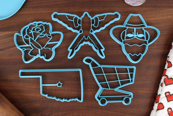 Oklahoma Cookie Cutters - Oklahoma State Outline, Cowboy with Bandana, Rose Cutter, Scissor-Tailed Flycatcher, Shopping Cart - OK Gift Idea