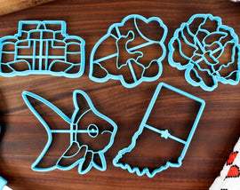 Indiana Cookie Cutters - Common Goldfish, F1 Car, Indiana Outline, Peony Flower, Popcorn Kernel - ID Gift Idea