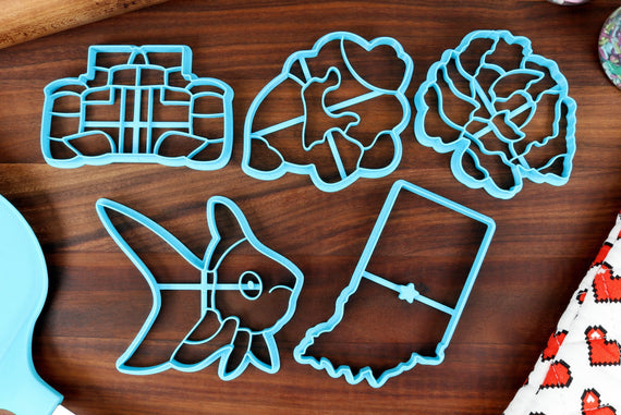 Indiana Cookie Cutters - Common Goldfish, F1 Car, Indiana Outline, Peony Flower, Popcorn Kernel - ID Gift Idea