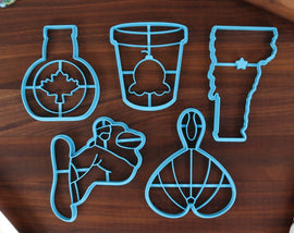 Vermont Cookie Cutters - Vermont State Outline, Bleeding Heart Flower, Ice Cream Pint, Maple Syrup, Snowboarder - VM Gift Idea